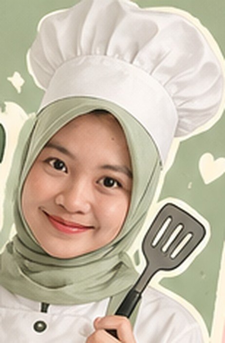 Najwa memakai topi koki, membawa spatula